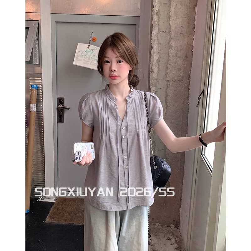 원본 원단 프릴 거품 소매 셔츠 여름 프랑스식 고급 센스 품격 루즈핏 슬림해 보이는 다용도 작은 셔츠 이미지 3