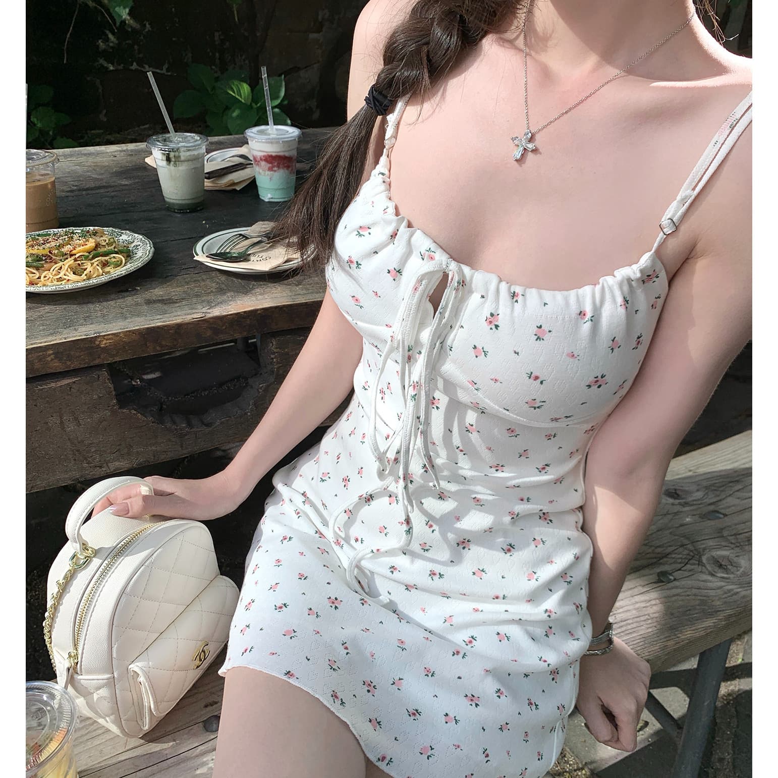 unoone 사랑 悸动 소녀 센스 꽃무늬 슬립 드레스 여름 광장 칼라 레이스업 허리 수축 슬림해 보이는 미니 스커트 여성 상세 이미지 1