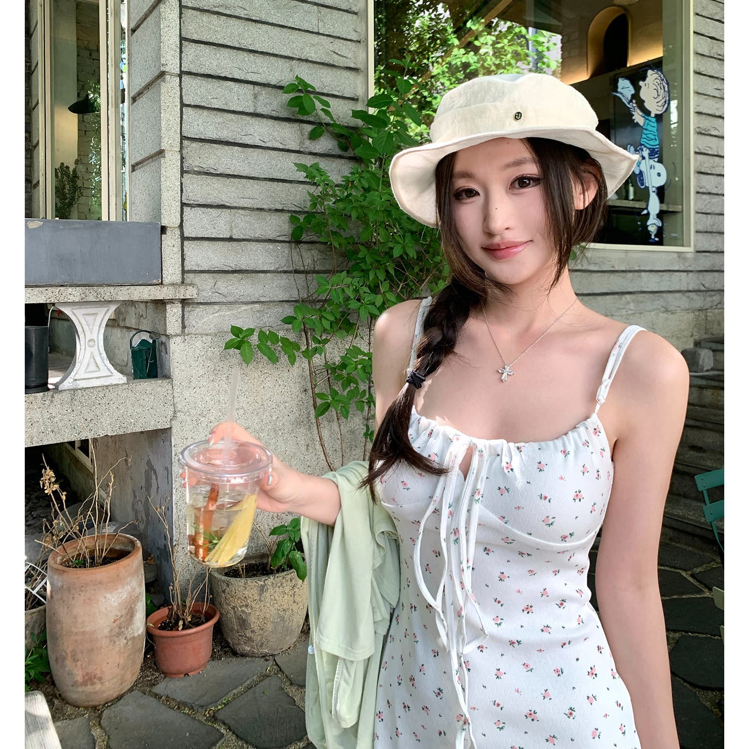 unoone 사랑 悸动 소녀 센스 꽃무늬 슬립 드레스 여름 광장 칼라 레이스업 허리 수축 슬림해 보이는 미니 스커트 여성 상세 이미지 3