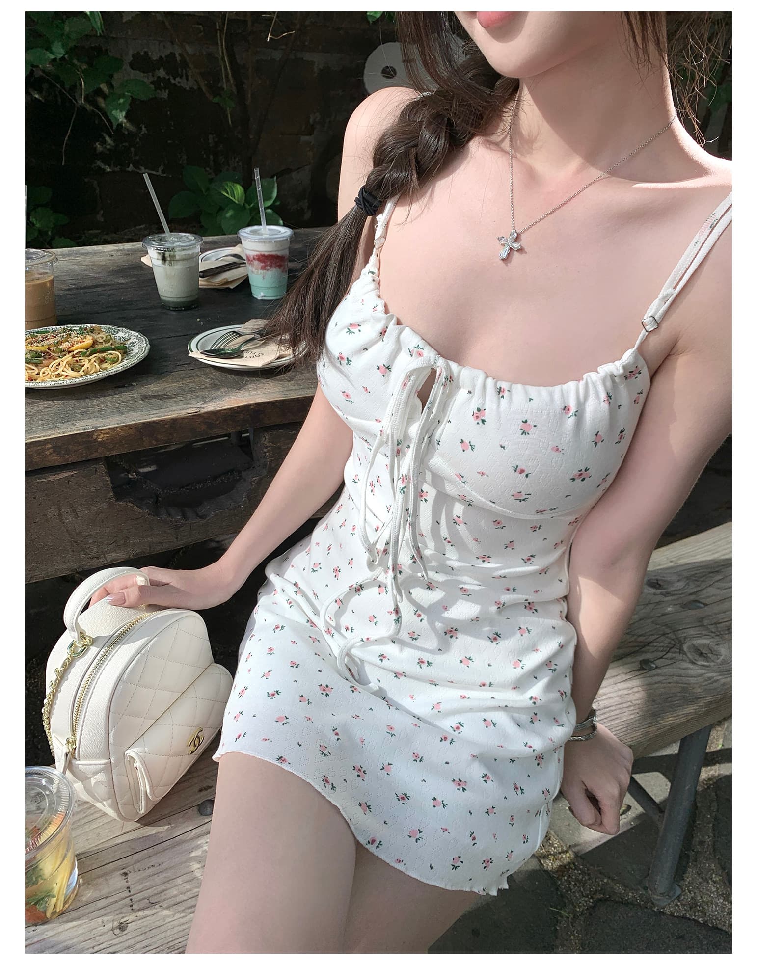 unoone 사랑 悸动 소녀 센스 꽃무늬 슬립 드레스 여름 광장 칼라 레이스업 허리 수축 슬림해 보이는 미니 스커트 여성 상세 이미지 6
