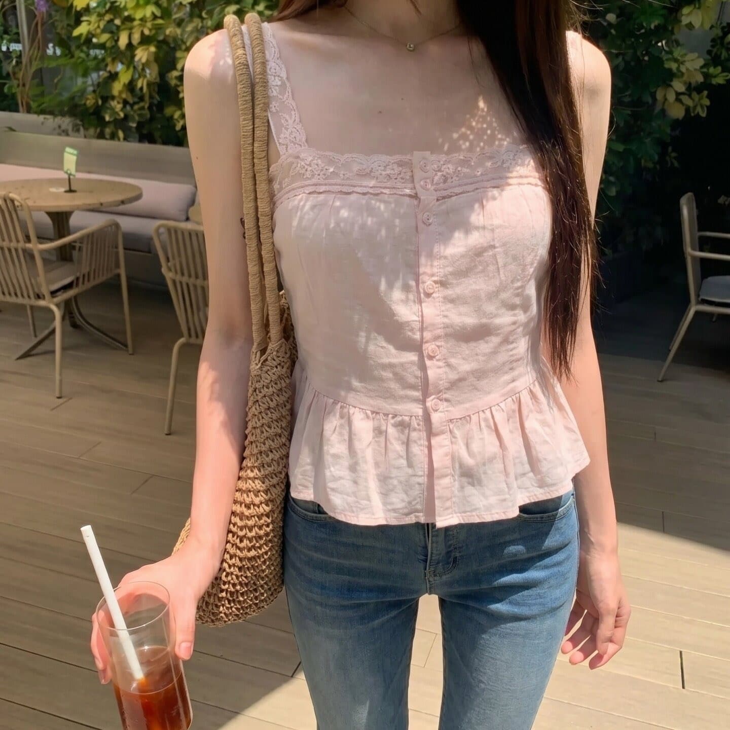면 린넨 프랑스식 달콤함 레이스 레이스 패치워크 캐미솔 여름 허리 수축 슬림해 보이는 쇼트 스타일 민소매 작은 맨위 이미지 5