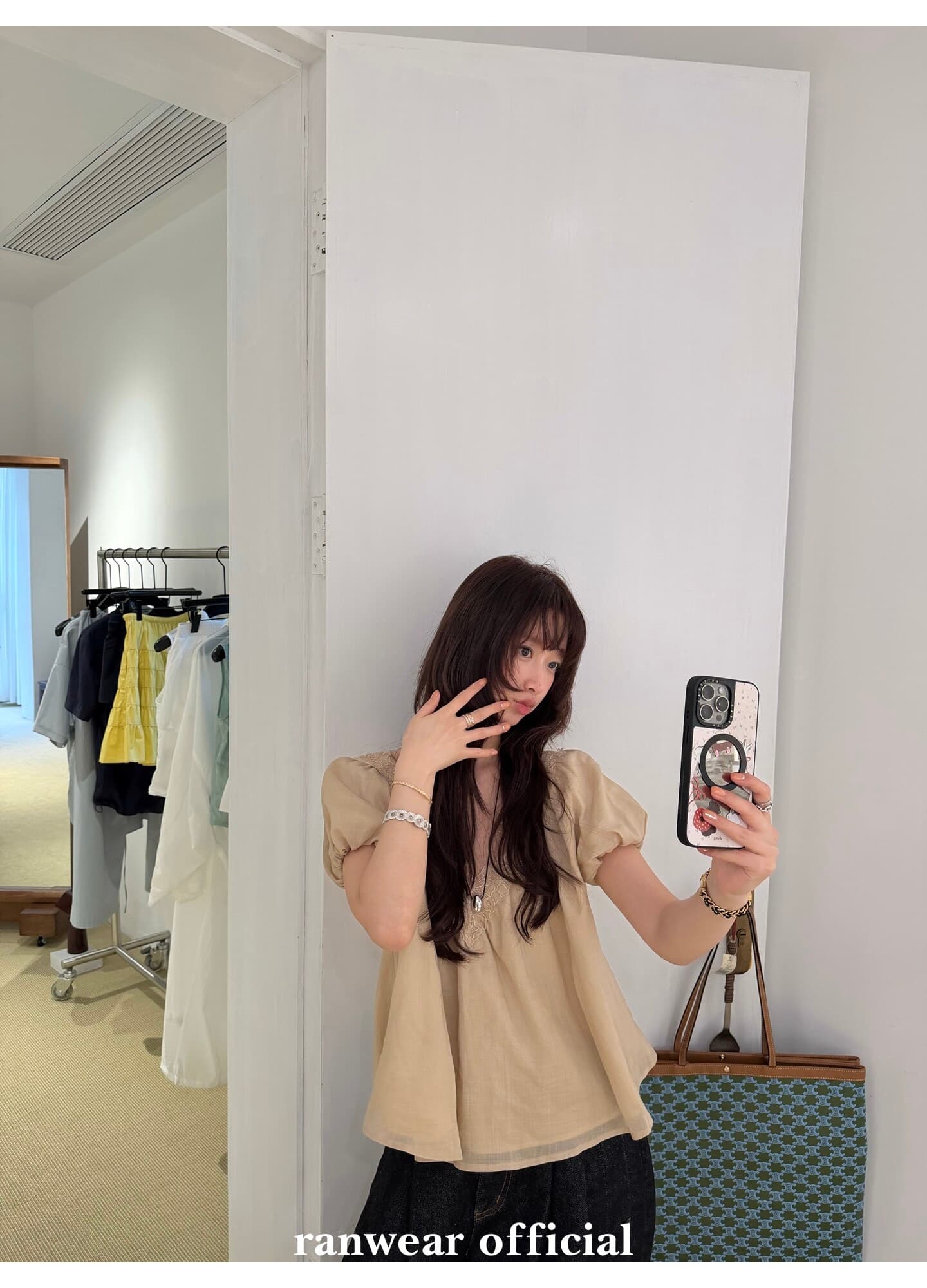 프랑스식 레이스 레이스 V넥 거품 소매 맨위 여성 여름 달콤함 착용 가져 가라. 루즈핏 도루 센스 작은 대중 다용도 반팔 상세 이미지 7