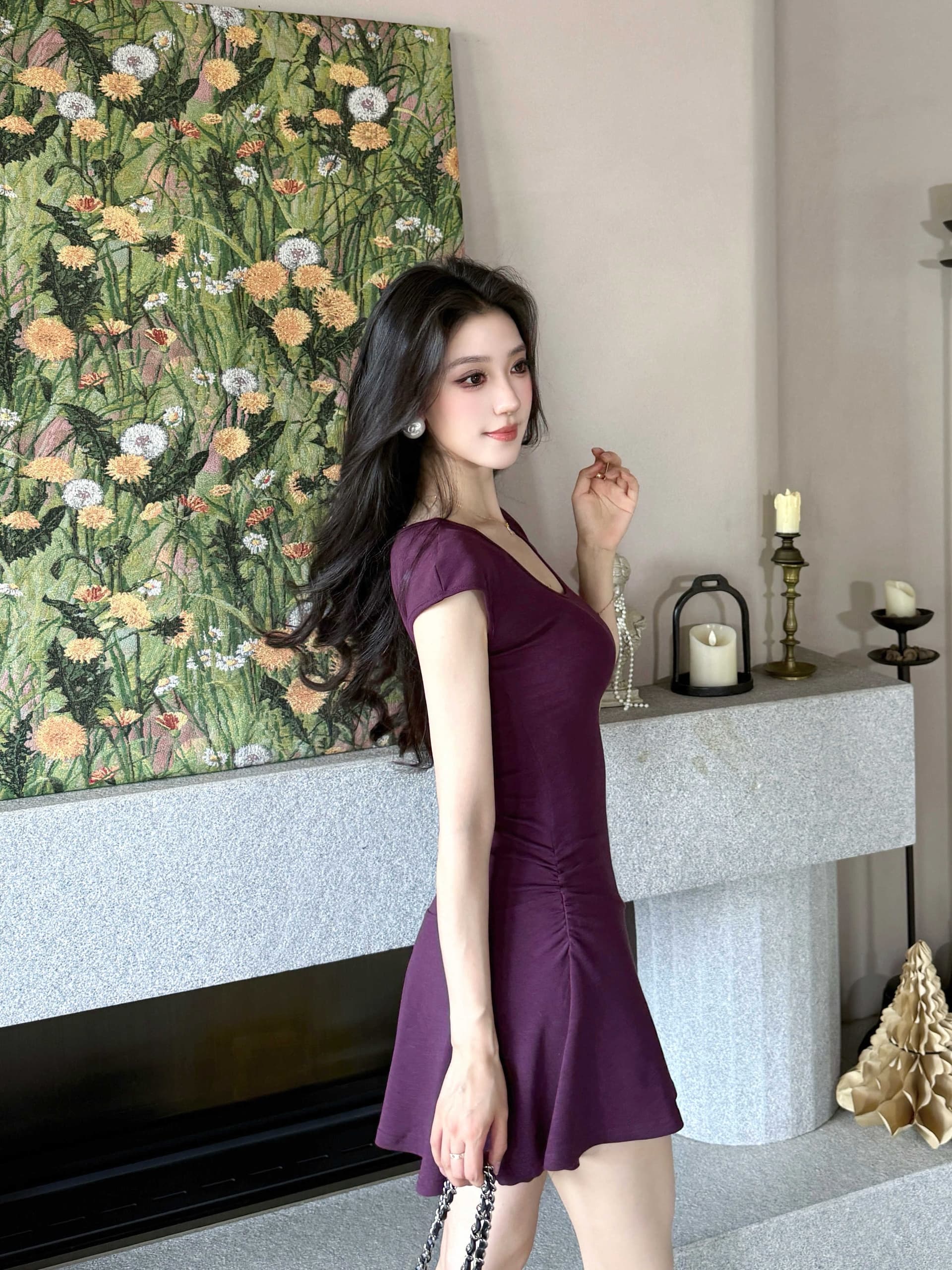 로얄 자매 팬 순수한 욕망 바람 보라색 드레스 아이들 여름 작은 키 핫걸 섹시함 타이트 스커트 허리 수축 미니 스커트 이미지 3