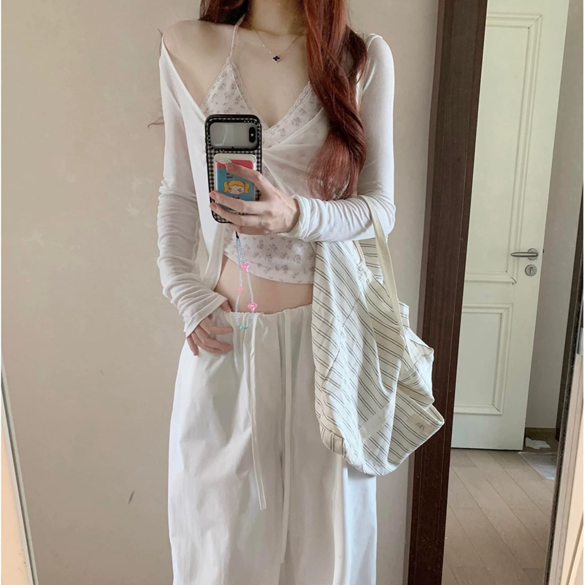 순수한 욕망 바람 핫걸 레이스 조각 꽃무늬 행침 목 레이스업 슬립 얇은 스타일 비틀림 라운드 넥 긴팔 오픈 가디건 투피스 세트 이미지 5