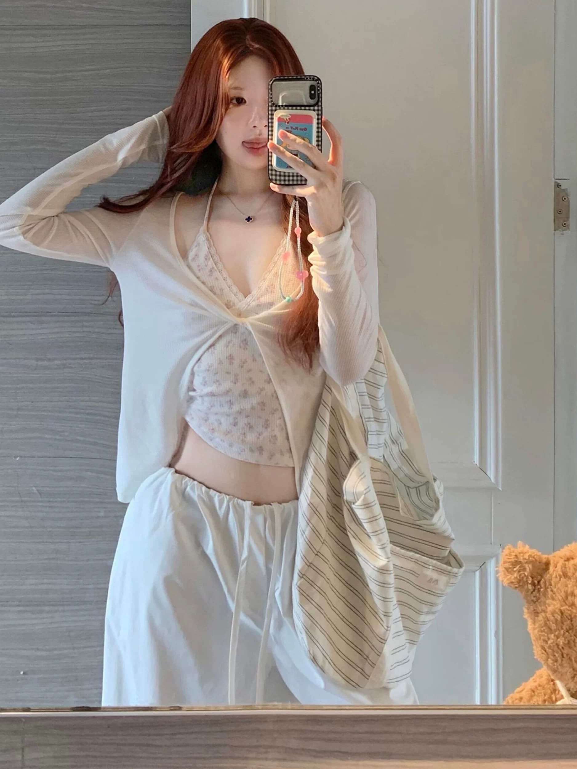 순수한 욕망 바람 핫걸 레이스 조각 꽃무늬 행침 목 레이스업 슬립 얇은 스타일 비틀림 라운드 넥 긴팔 오픈 가디건 투피스 세트 이미지 4
