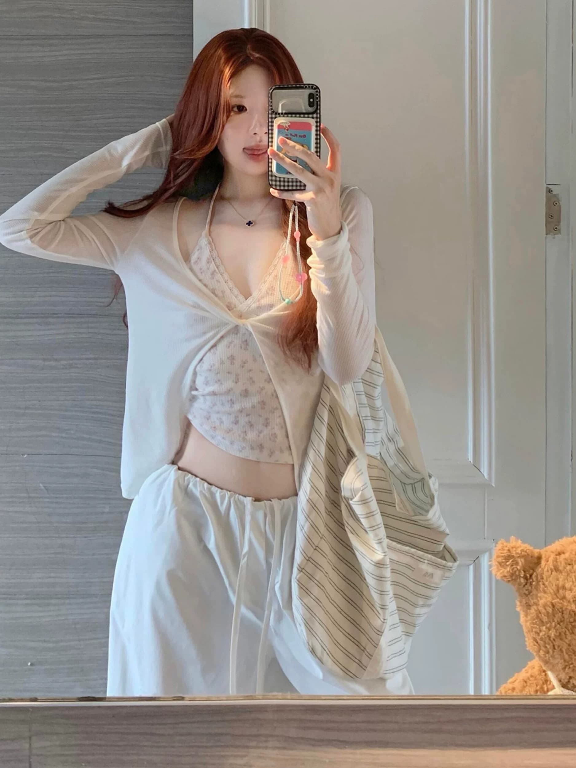 순수한 욕망 바람 핫걸 레이스 조각 꽃무늬 행침 목 레이스업 슬립 얇은 스타일 비틀림 라운드 넥 긴팔 오픈 가디건 투피스 세트 상세 이미지 11