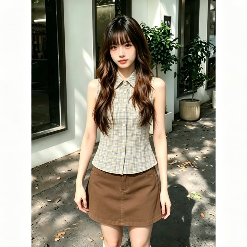 카키 색 체크무늬 민소매 여성 셔츠 여름 새로운 한 부서 레트로 달콤함 폴로 칼라 허리 수축 몸매 가꾸기 셔츠 맨위 이미지 4