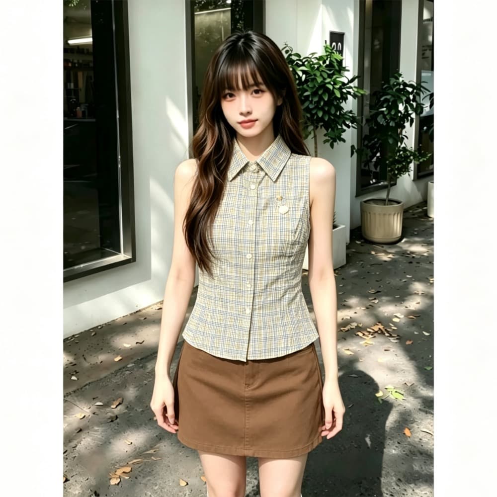 카키 색 체크무늬 민소매 여성 셔츠 여름 새로운 한 부서 레트로 달콤함 폴로 칼라 허리 수축 몸매 가꾸기 셔츠 맨위