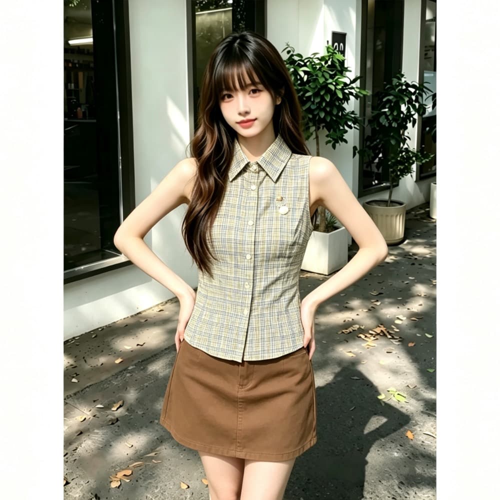 카키 색 체크무늬 민소매 여성 셔츠 여름 새로운 한 부서 레트로 달콤함 폴로 칼라 허리 수축 몸매 가꾸기 셔츠 맨위 이미지 2