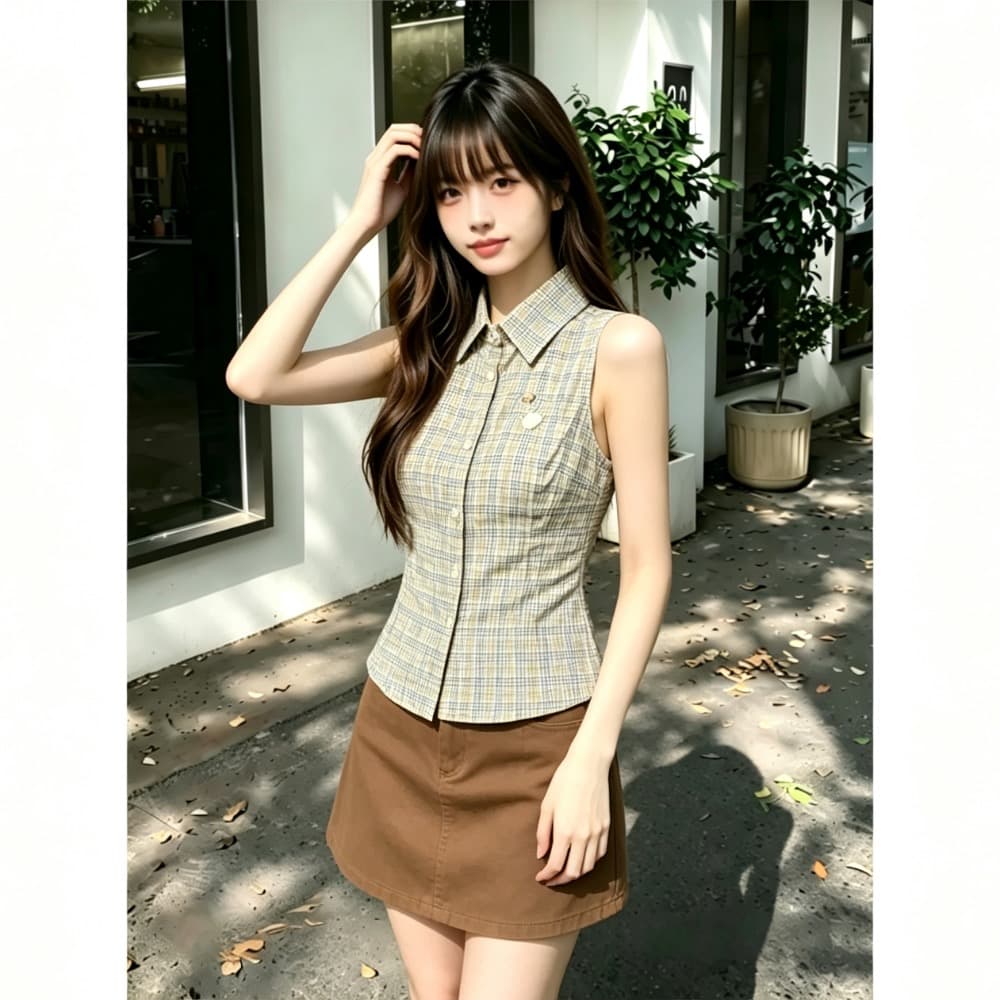 카키 색 체크무늬 민소매 여성 셔츠 여름 새로운 한 부서 레트로 달콤함 폴로 칼라 허리 수축 몸매 가꾸기 셔츠 맨위 상세 이미지 2