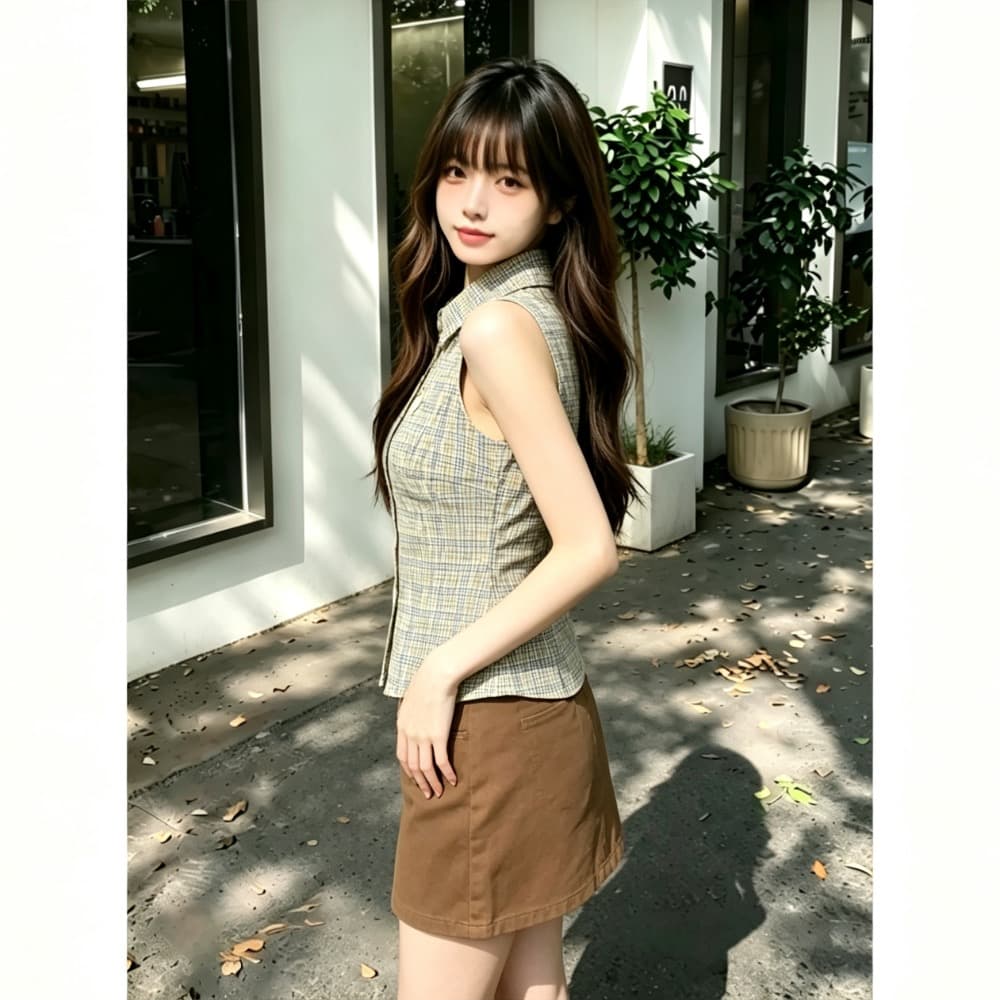 카키 색 체크무늬 민소매 여성 셔츠 여름 새로운 한 부서 레트로 달콤함 폴로 칼라 허리 수축 몸매 가꾸기 셔츠 맨위 상세 이미지 6