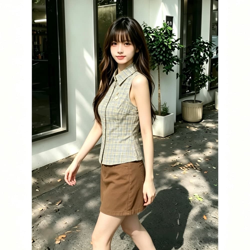 카키 색 체크무늬 민소매 여성 셔츠 여름 새로운 한 부서 레트로 달콤함 폴로 칼라 허리 수축 몸매 가꾸기 셔츠 맨위 상세 이미지 7