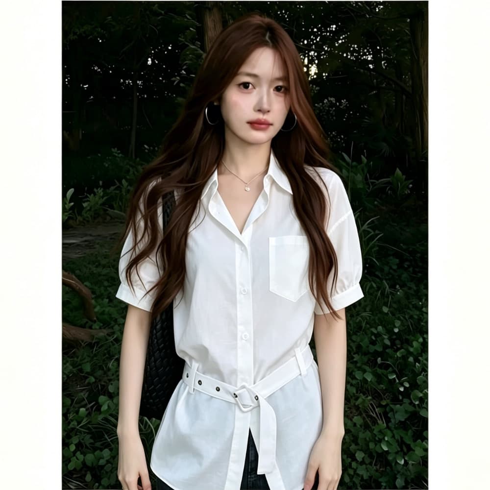 화이트 반팔 여성 셔츠 여름 새로운 한 부서 부드러운 허리 수축 슬림해 보이는 다용도 루즈핏 출퇴근 품격 셔츠 맨위 이미지 3