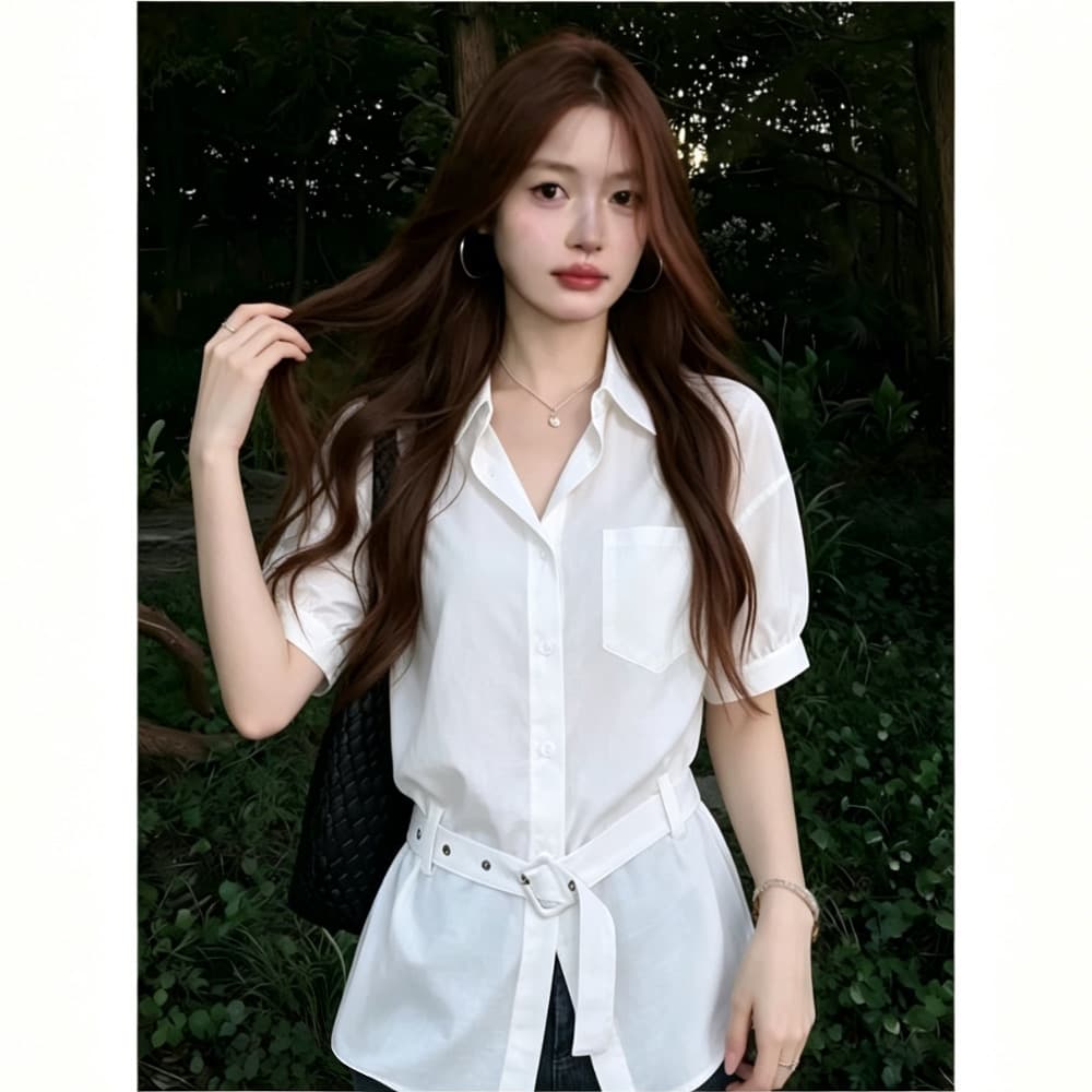화이트 반팔 여성 셔츠 여름 새로운 한 부서 부드러운 허리 수축 슬림해 보이는 다용도 루즈핏 출퇴근 품격 셔츠 맨위 이미지 4