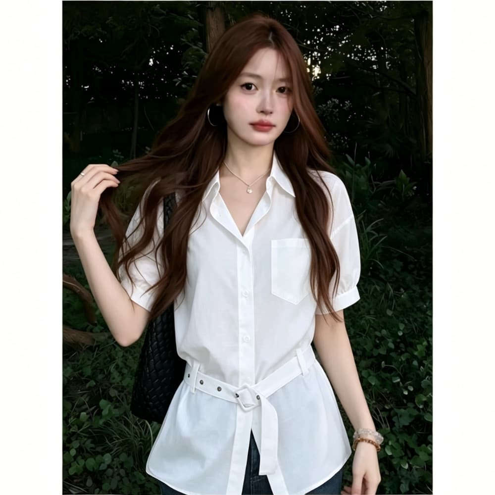 화이트 반팔 여성 셔츠 여름 새로운 한 부서 부드러운 허리 수축 슬림해 보이는 다용도 루즈핏 출퇴근 품격 셔츠 맨위 상세 이미지 3
