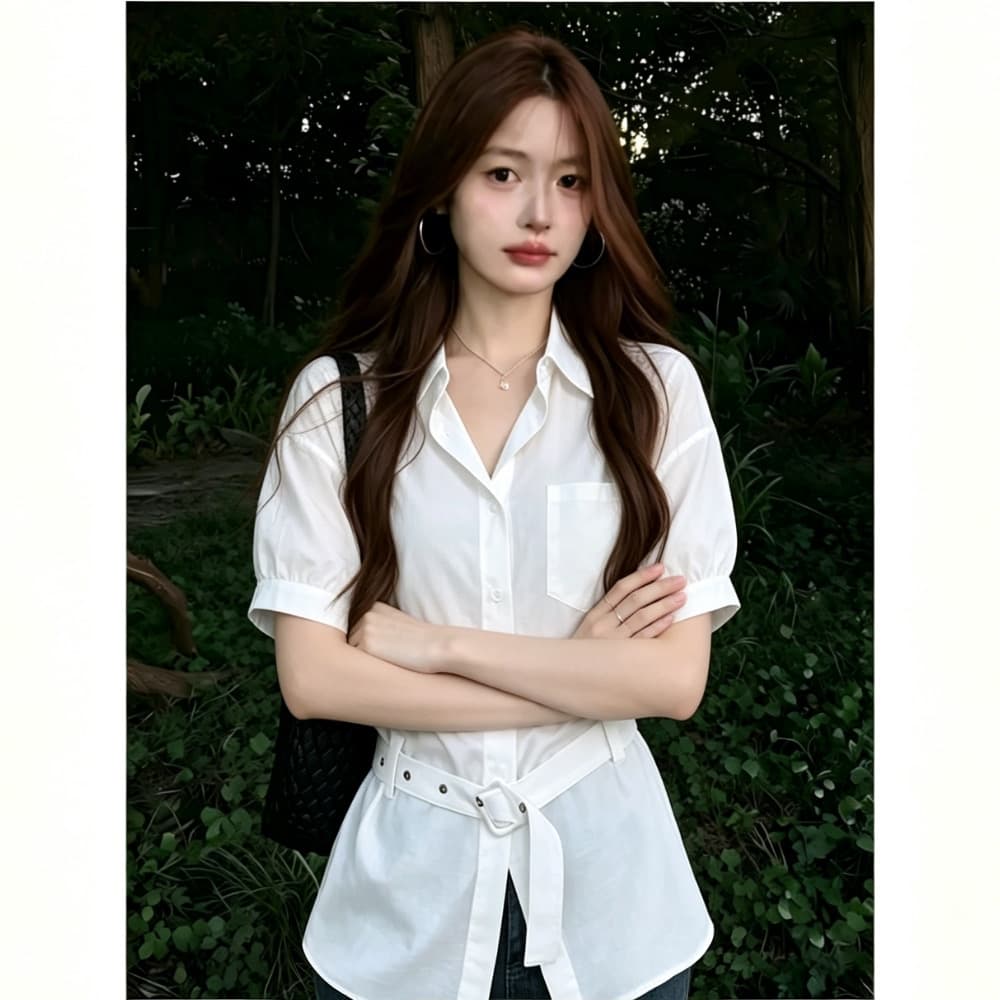 화이트 반팔 여성 셔츠 여름 새로운 한 부서 부드러운 허리 수축 슬림해 보이는 다용도 루즈핏 출퇴근 품격 셔츠 맨위 상세 이미지 5