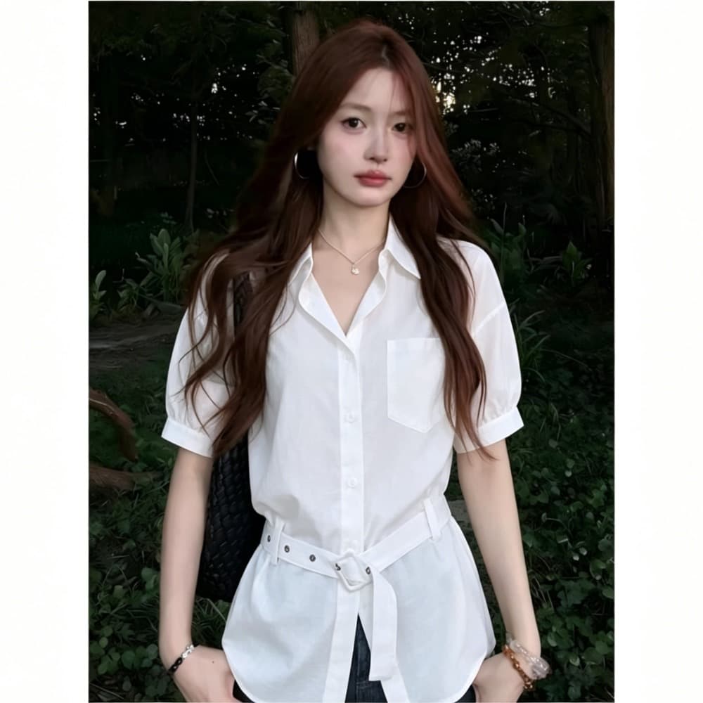 화이트 반팔 여성 셔츠 여름 새로운 한 부서 부드러운 허리 수축 슬림해 보이는 다용도 루즈핏 출퇴근 품격 셔츠 맨위 상세 이미지 6