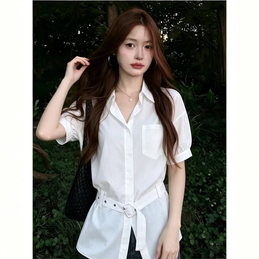 화이트 반팔 여성 셔츠 여름 새로운 한 부서 부드러운 허리 수축 슬림해 보이는 다용도 루즈핏 출퇴근 품격 셔츠 맨위 상세 이미지 7