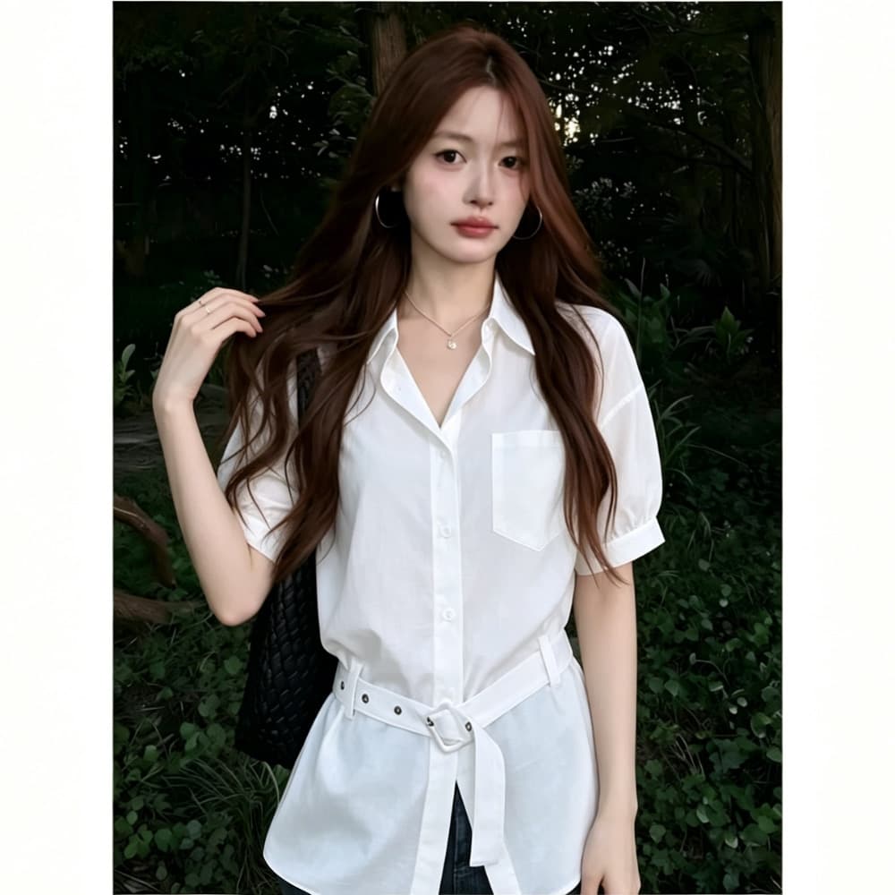 화이트 반팔 여성 셔츠 여름 새로운 한 부서 부드러운 허리 수축 슬림해 보이는 다용도 루즈핏 출퇴근 품격 셔츠 맨위 상세 이미지 8