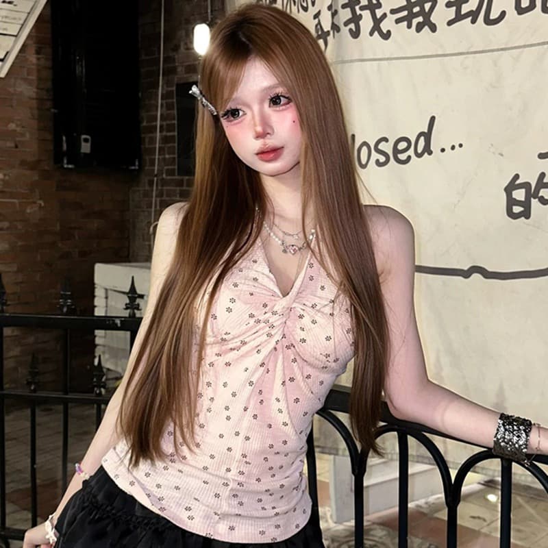 아메리칸 레트로 V넥 행침 목 도트 무늬 캐미솔 여름 고급 센스 몸매 가꾸기 허리 수축 핫걸 캐주얼 맨위 이미지 5
