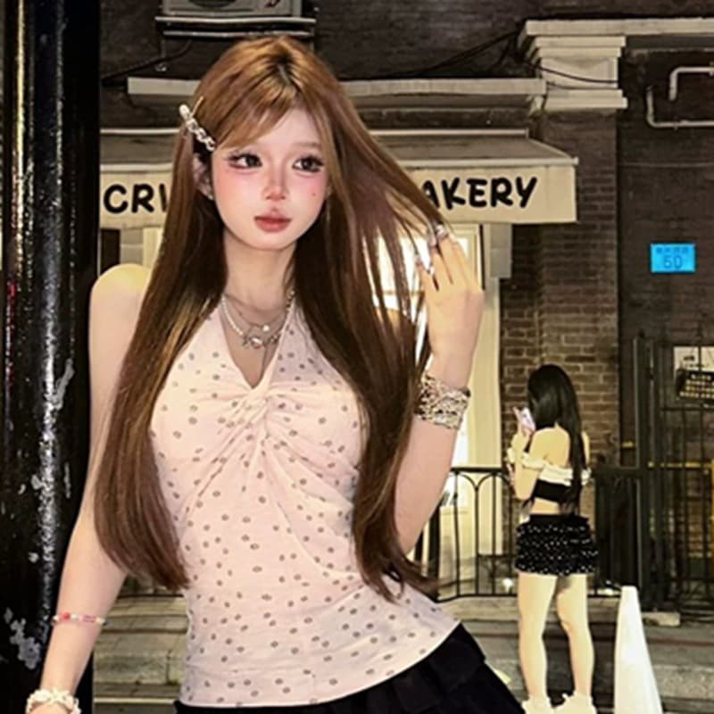 아메리칸 레트로 V넥 행침 목 도트 무늬 캐미솔 여름 고급 센스 몸매 가꾸기 허리 수축 핫걸 캐주얼 맨위 이미지 2