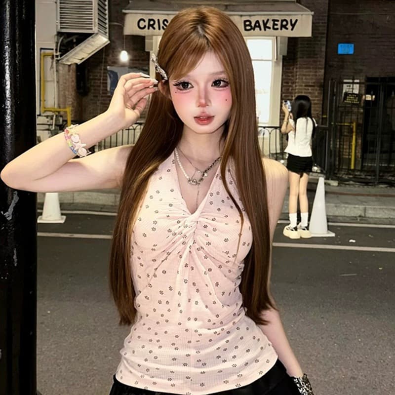 아메리칸 레트로 V넥 행침 목 도트 무늬 캐미솔 여름 고급 센스 몸매 가꾸기 허리 수축 핫걸 캐주얼 맨위 이미지 3