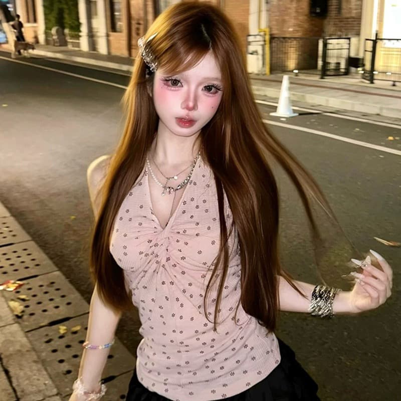아메리칸 레트로 V넥 행침 목 도트 무늬 캐미솔 여름 고급 센스 몸매 가꾸기 허리 수축 핫걸 캐주얼 맨위 상세 이미지 2