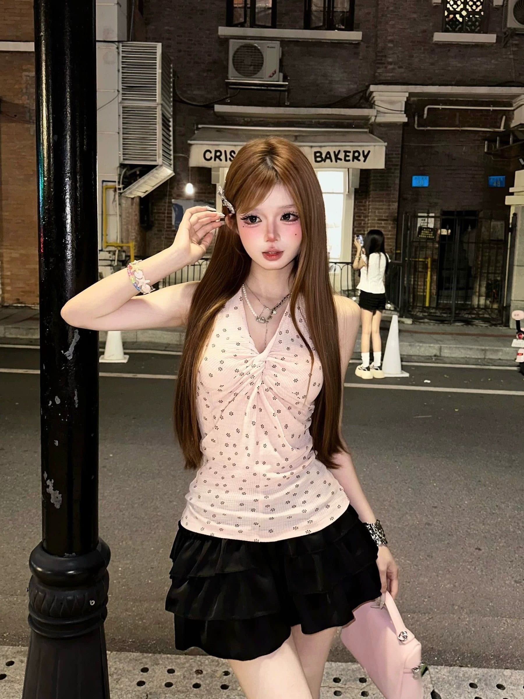 아메리칸 레트로 V넥 행침 목 도트 무늬 캐미솔 여름 고급 센스 몸매 가꾸기 허리 수축 핫걸 캐주얼 맨위 상세 이미지 3