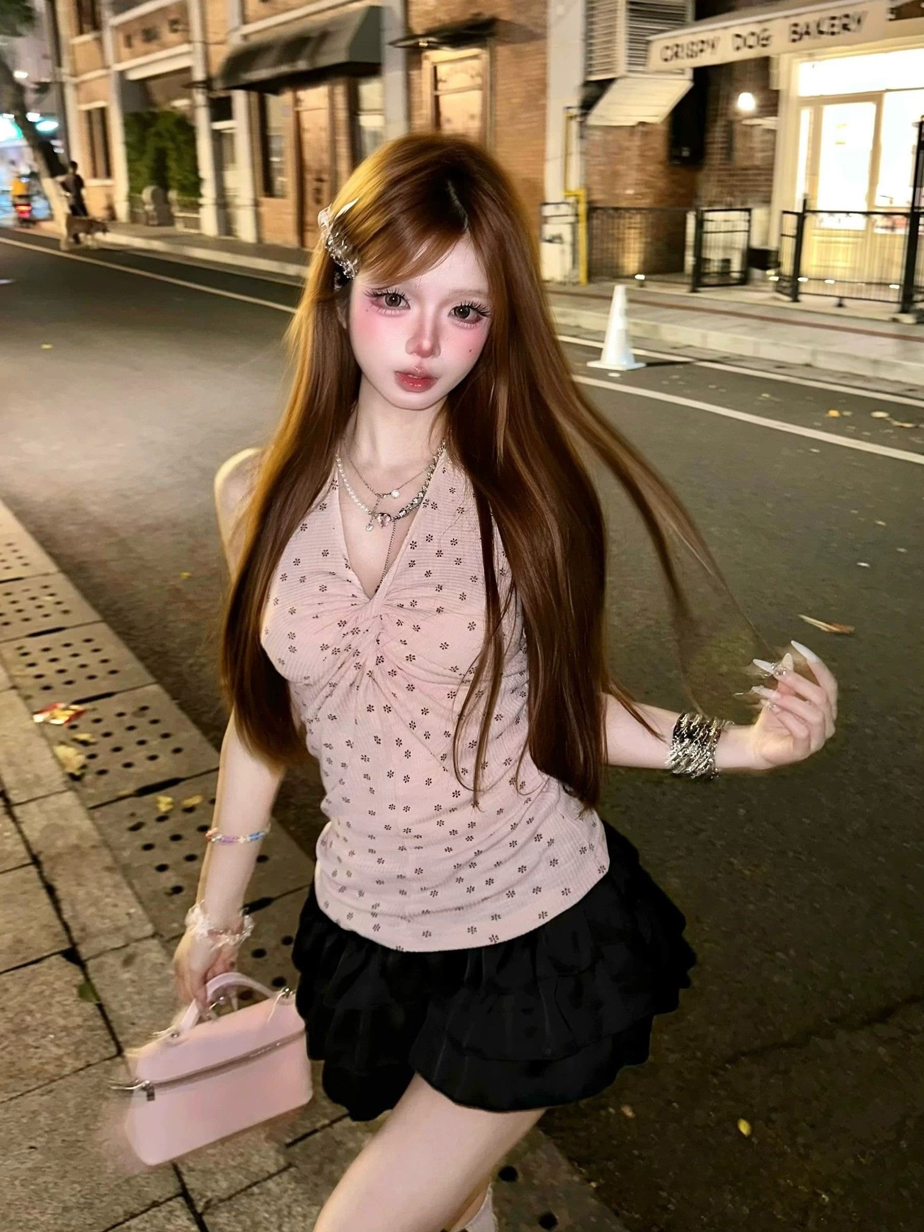 아메리칸 레트로 V넥 행침 목 도트 무늬 캐미솔 여름 고급 센스 몸매 가꾸기 허리 수축 핫걸 캐주얼 맨위 상세 이미지 8