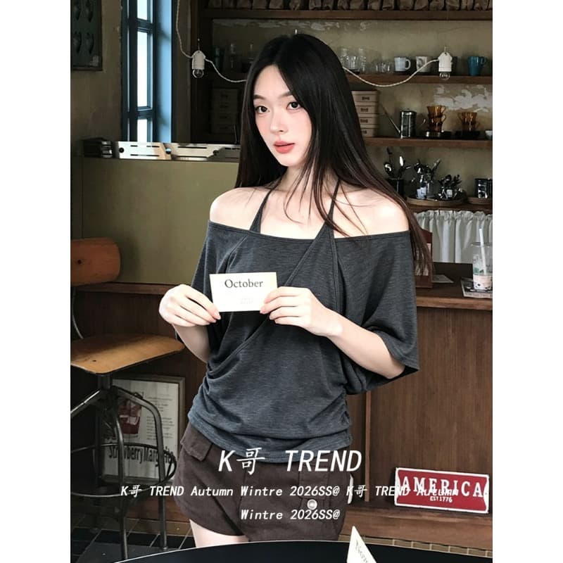 컬러 코튼 당겨 프레임 회색 페이크 레이어드 오프숄더 행침 목 반팔 여성 여름 핀치 Pleat 허리 수축 배트윙 소매 맨위 트렌디 이미지 3