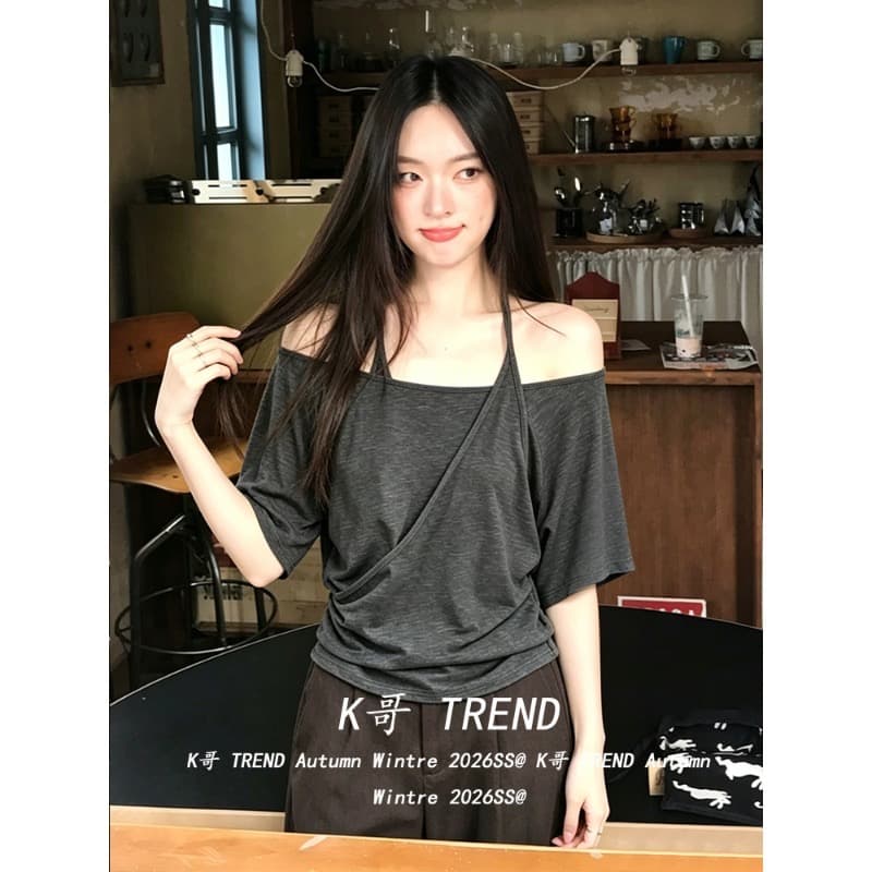 컬러 코튼 당겨 프레임 회색 페이크 레이어드 오프숄더 행침 목 반팔 여성 여름 핀치 Pleat 허리 수축 배트윙 소매 맨위 트렌디