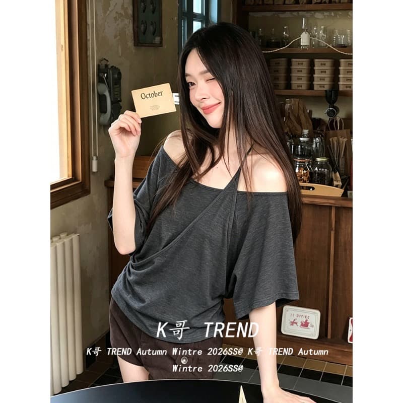 컬러 코튼 당겨 프레임 회색 페이크 레이어드 오프숄더 행침 목 반팔 여성 여름 핀치 Pleat 허리 수축 배트윙 소매 맨위 트렌디 상세 이미지 2