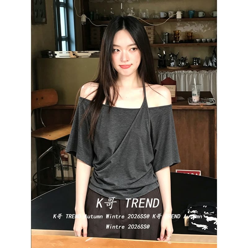 컬러 코튼 당겨 프레임 회색 페이크 레이어드 오프숄더 행침 목 반팔 여성 여름 핀치 Pleat 허리 수축 배트윙 소매 맨위 트렌디 상세 이미지 3