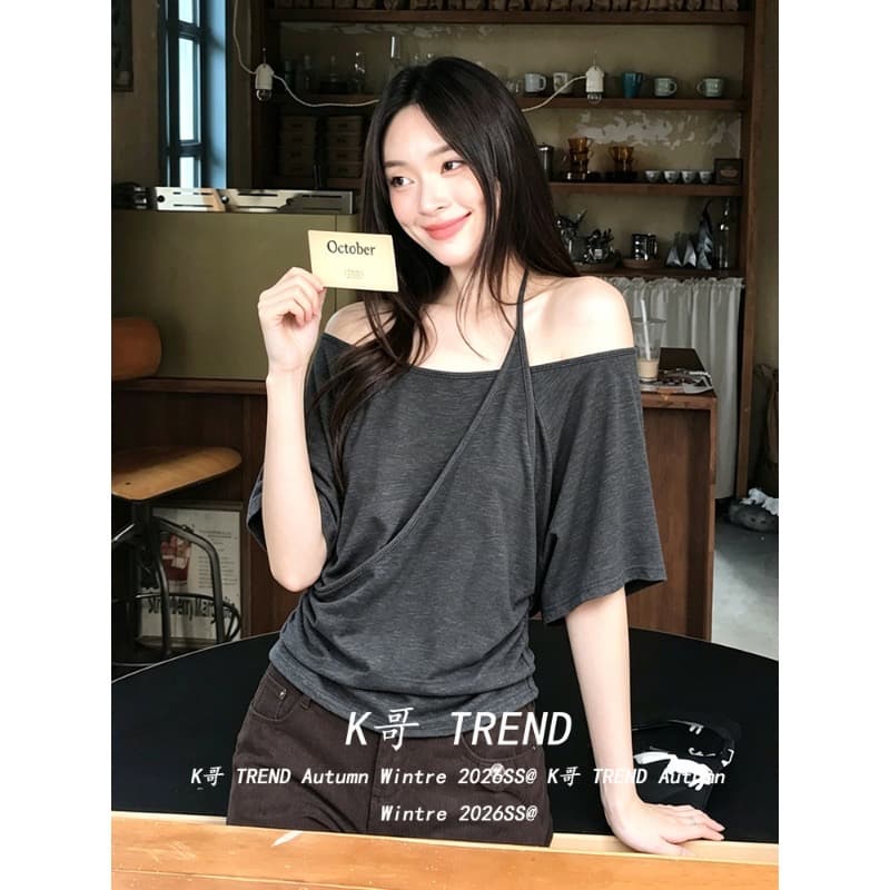 컬러 코튼 당겨 프레임 회색 페이크 레이어드 오프숄더 행침 목 반팔 여성 여름 핀치 Pleat 허리 수축 배트윙 소매 맨위 트렌디 상세 이미지 6
