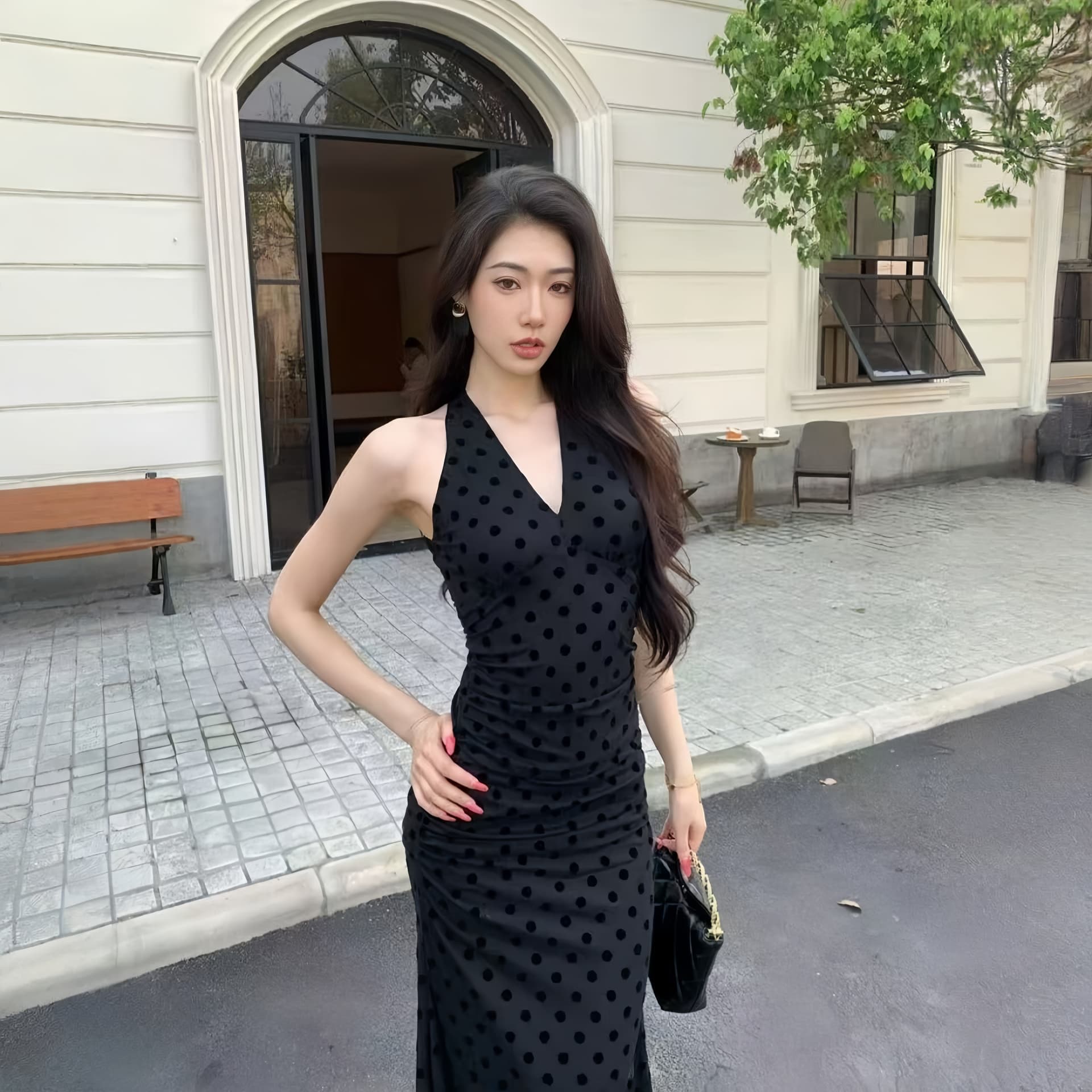 섹시함 V넥 민소매 한 마디 치마 검정색 도트 무늬 프린트 여성 드레스 허리 수축 슬림해 보이는 몸매 가꾸기 품격 타이트 스커트 롱 스커트 상세 이미지 5