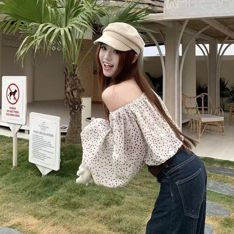 프랑스식 오프숄더 꽃무늬 긴팔 여성 셔츠 조기 봄 셔츠 핫걸 쇼트 스타일 품격 디자인 센스 오프숄더 맨위 이미지 5