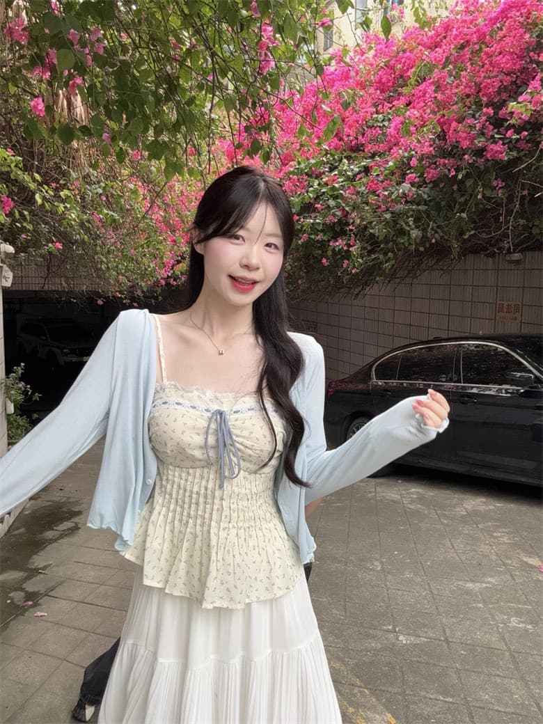 빅 사이즈 여성 의류 꽃무늬 레이스 측면 스트랩 표지 배 슬립 맨위 오픈 가디건 쉬폰 플리츠 스커트 하나 세트 착용 가져 가라. 상세 이미지 13