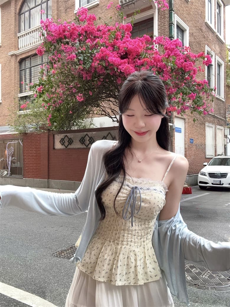 빅 사이즈 여성 의류 꽃무늬 레이스 측면 스트랩 표지 배 슬립 맨위 오픈 가디건 쉬폰 플리츠 스커트 하나 세트 착용 가져 가라. 상세 이미지 14