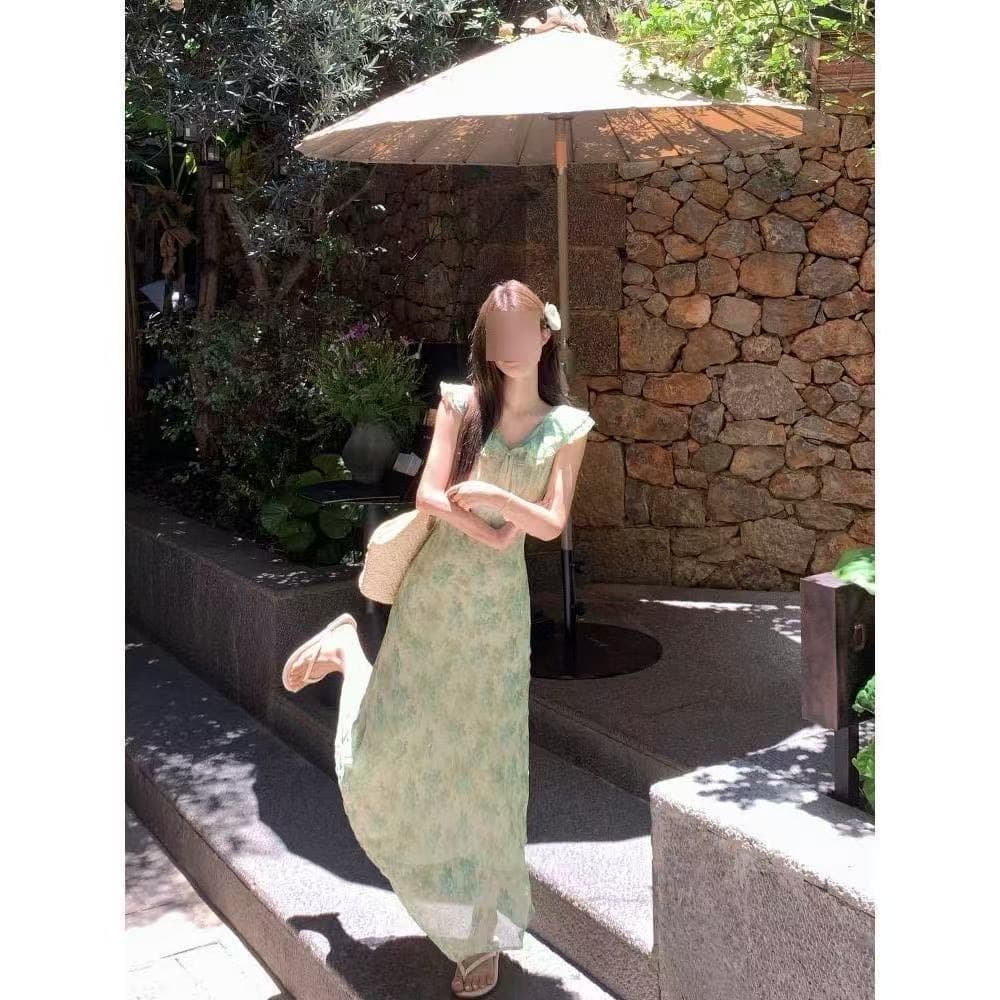 여름 신선함 우아함 품격 꽃무늬 드레스 작은 날다 소매 달콤함 치마 요정 롱 스커트 캐주얼 부드러운 상세 이미지 3