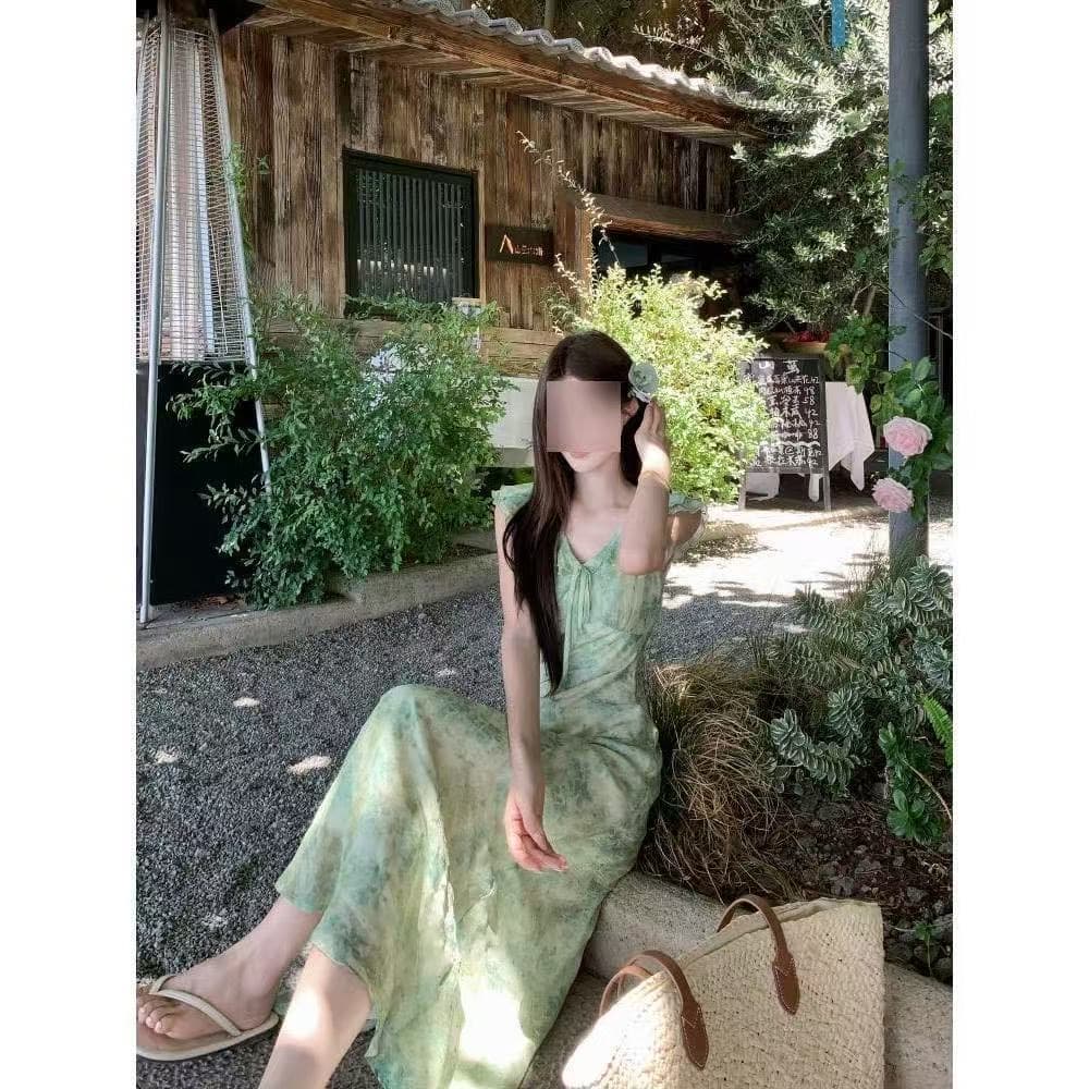 여름 신선함 우아함 품격 꽃무늬 드레스 작은 날다 소매 달콤함 치마 요정 롱 스커트 캐주얼 부드러운 상세 이미지 5