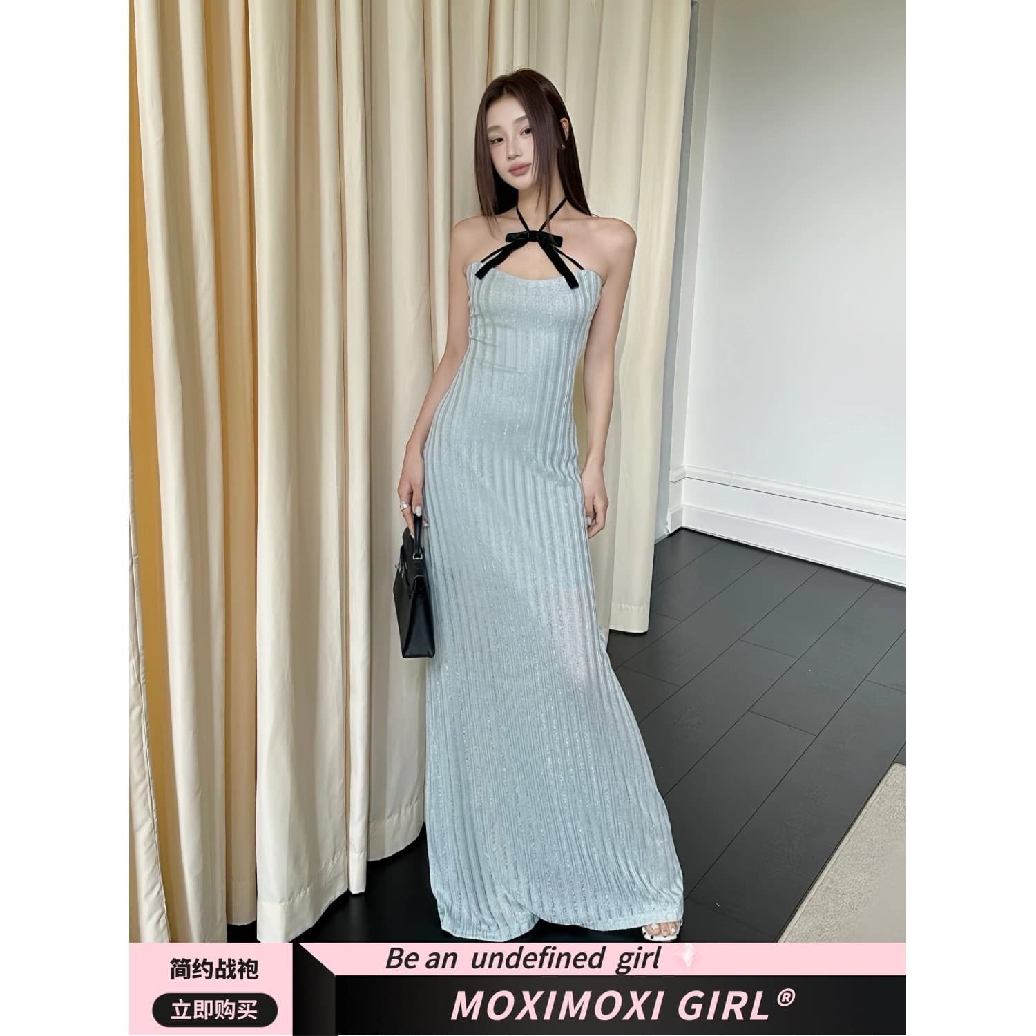 순수한 욕망 바람 파란색 섹시함 품격 행침 목 튜브탑 여성 드레스 여름 허리 수축 슬림해 보이는 타이트 스커트 핫걸 롱 스커트
