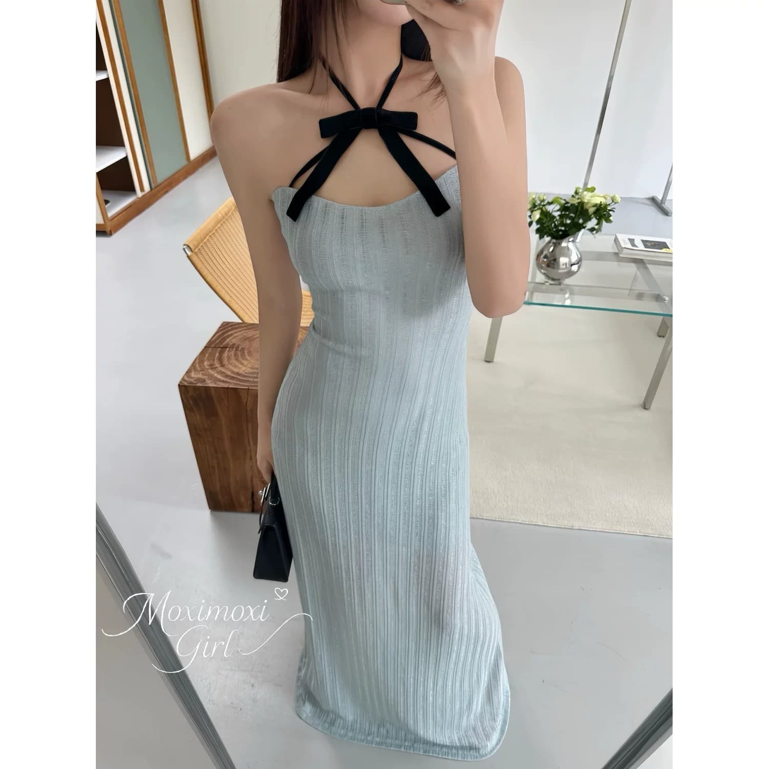 순수한 욕망 바람 파란색 섹시함 품격 행침 목 튜브탑 여성 드레스 여름 허리 수축 슬림해 보이는 타이트 스커트 핫걸 롱 스커트 이미지 3
