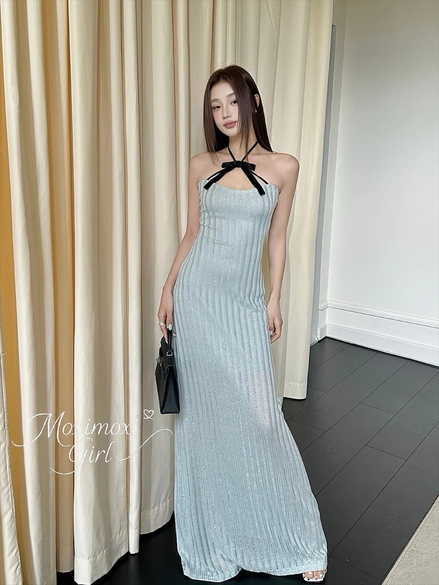 순수한 욕망 바람 파란색 섹시함 품격 행침 목 튜브탑 여성 드레스 여름 허리 수축 슬림해 보이는 타이트 스커트 핫걸 롱 스커트 상세 이미지 5