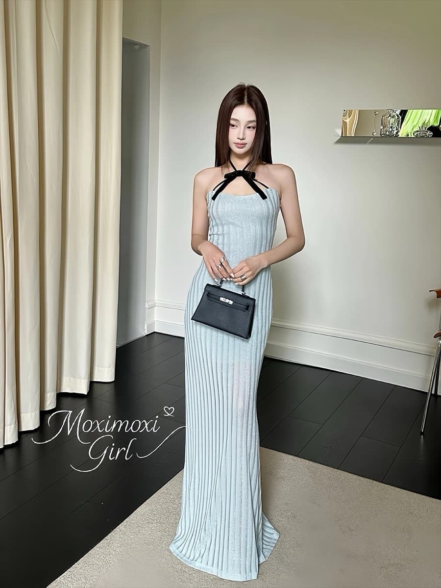 순수한 욕망 바람 파란색 섹시함 품격 행침 목 튜브탑 여성 드레스 여름 허리 수축 슬림해 보이는 타이트 스커트 핫걸 롱 스커트 상세 이미지 6