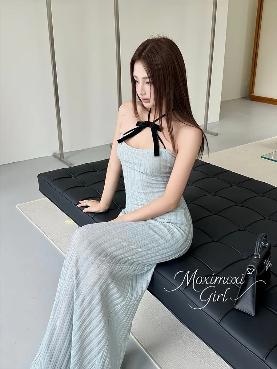 순수한 욕망 바람 파란색 섹시함 품격 행침 목 튜브탑 여성 드레스 여름 허리 수축 슬림해 보이는 타이트 스커트 핫걸 롱 스커트 상세 이미지 8