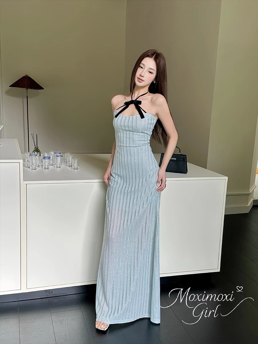 순수한 욕망 바람 파란색 섹시함 품격 행침 목 튜브탑 여성 드레스 여름 허리 수축 슬림해 보이는 타이트 스커트 핫걸 롱 스커트 상세 이미지 9