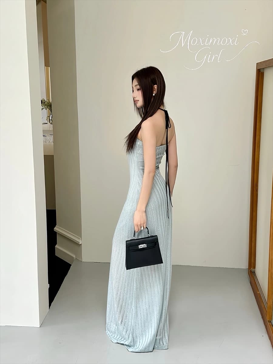 순수한 욕망 바람 파란색 섹시함 품격 행침 목 튜브탑 여성 드레스 여름 허리 수축 슬림해 보이는 타이트 스커트 핫걸 롱 스커트 상세 이미지 12