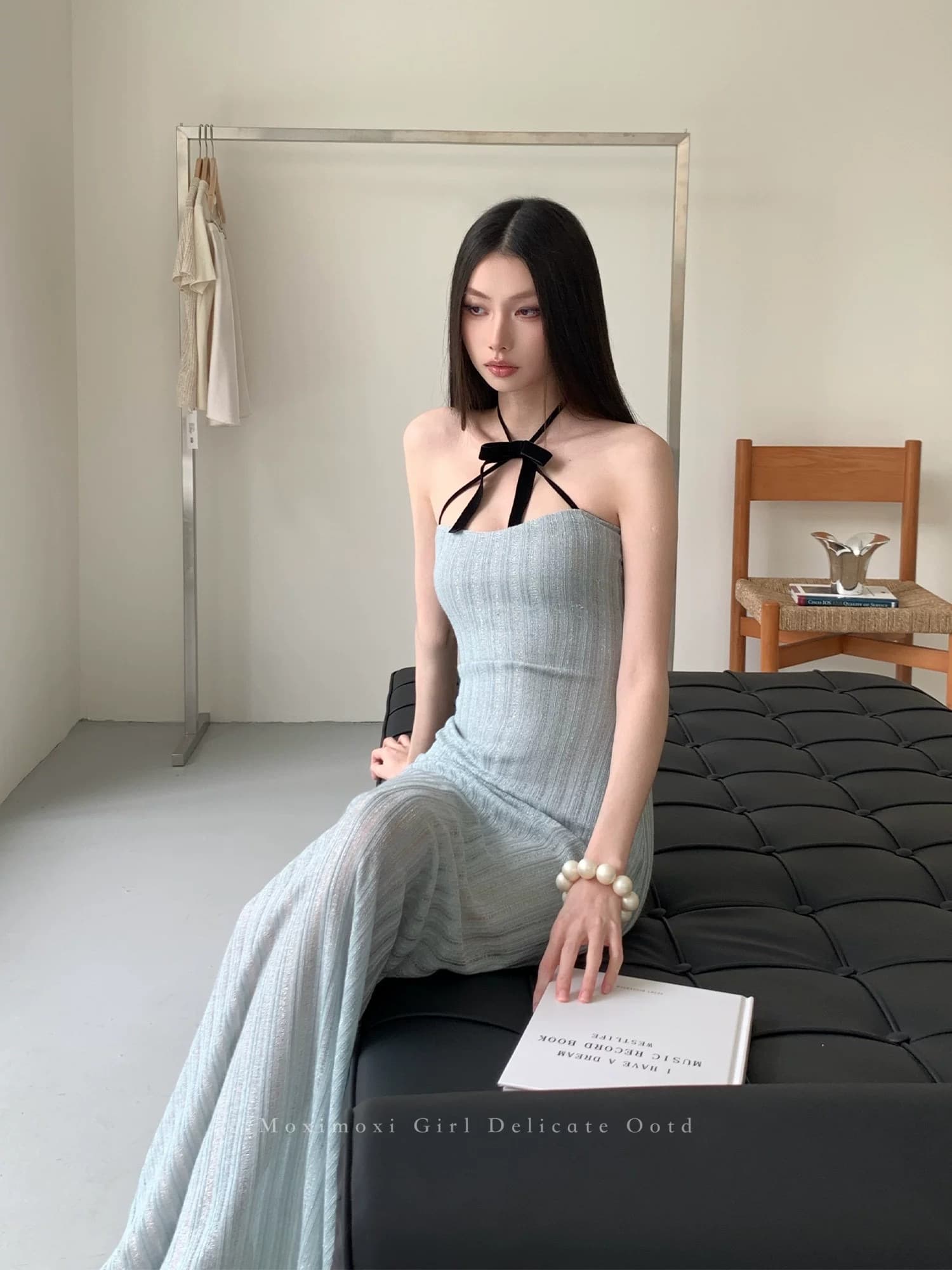 순수한 욕망 바람 파란색 섹시함 품격 행침 목 튜브탑 여성 드레스 여름 허리 수축 슬림해 보이는 타이트 스커트 핫걸 롱 스커트 상세 이미지 13