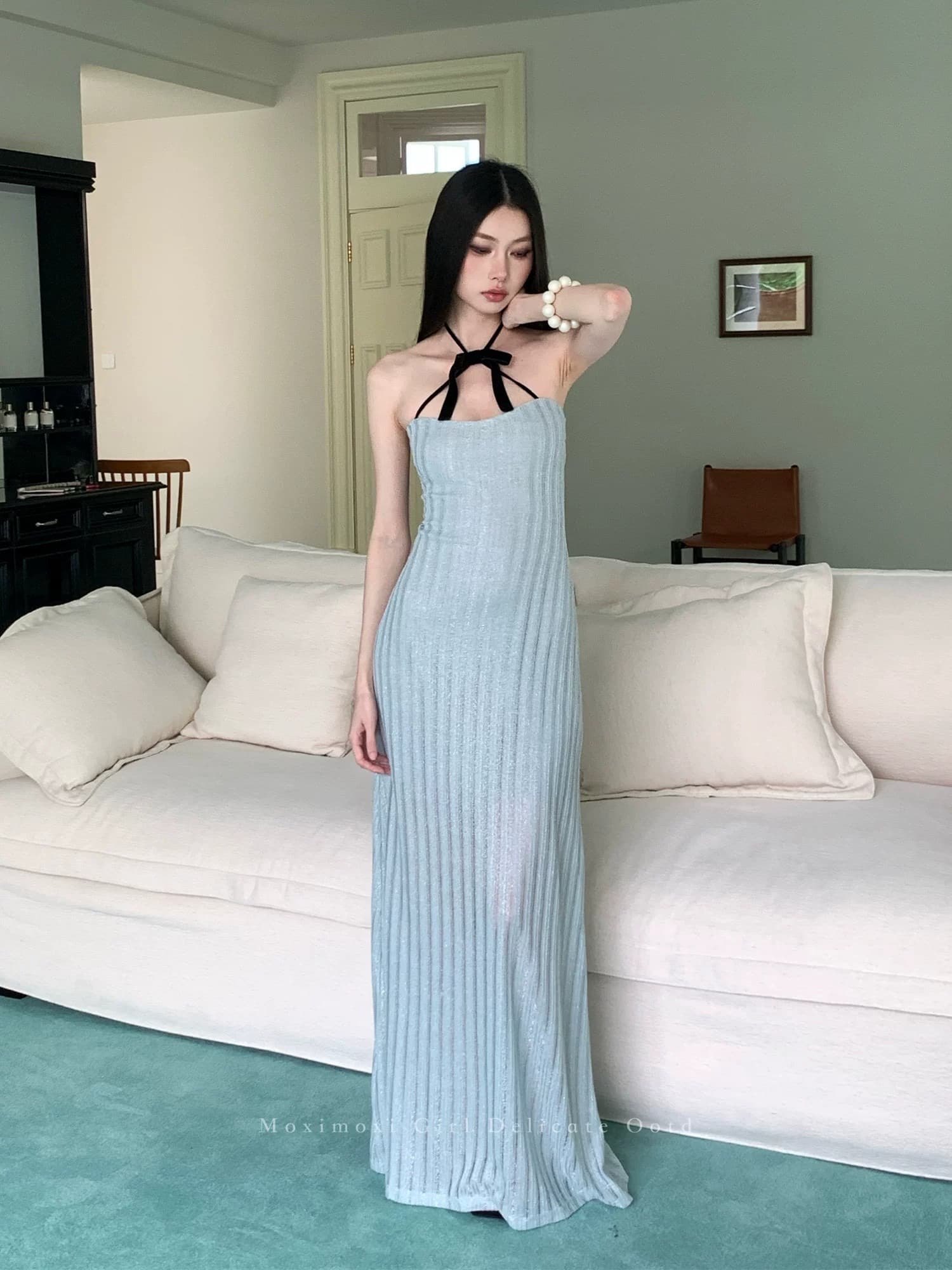 순수한 욕망 바람 파란색 섹시함 품격 행침 목 튜브탑 여성 드레스 여름 허리 수축 슬림해 보이는 타이트 스커트 핫걸 롱 스커트 상세 이미지 17