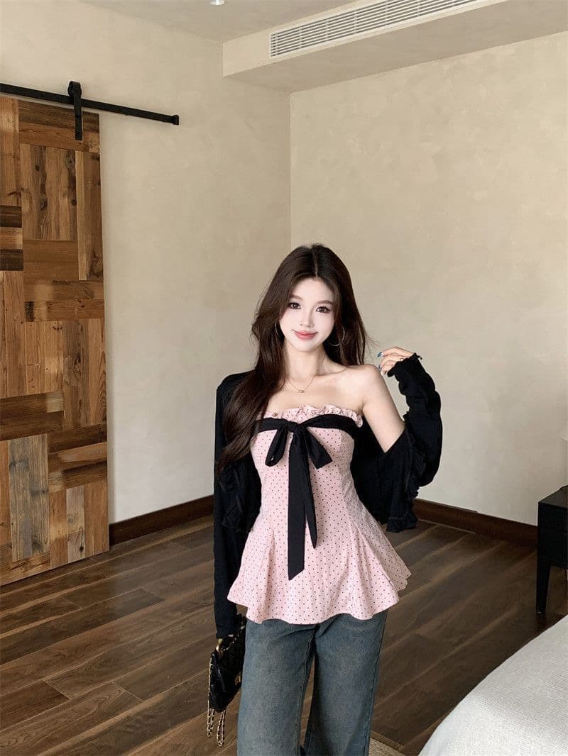 빅 사이즈 지방 mm 달콤함 소녀 바람 도트 무늬 나비 매듭 튜브탑 맨위 두 조각 여성 세트 봄 새로운 달콤한 부서 세트 상세 이미지 7